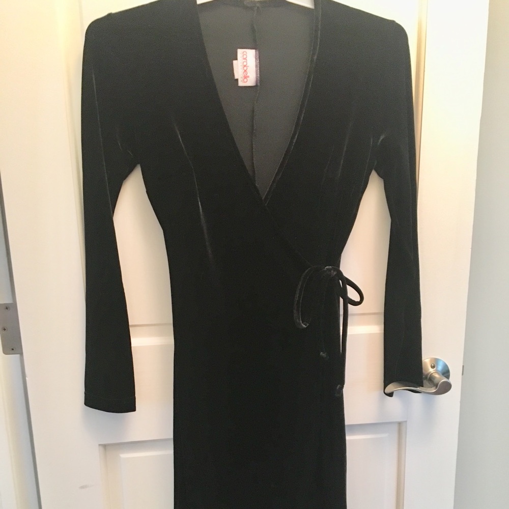 Long sleeved black velvet wrap dress